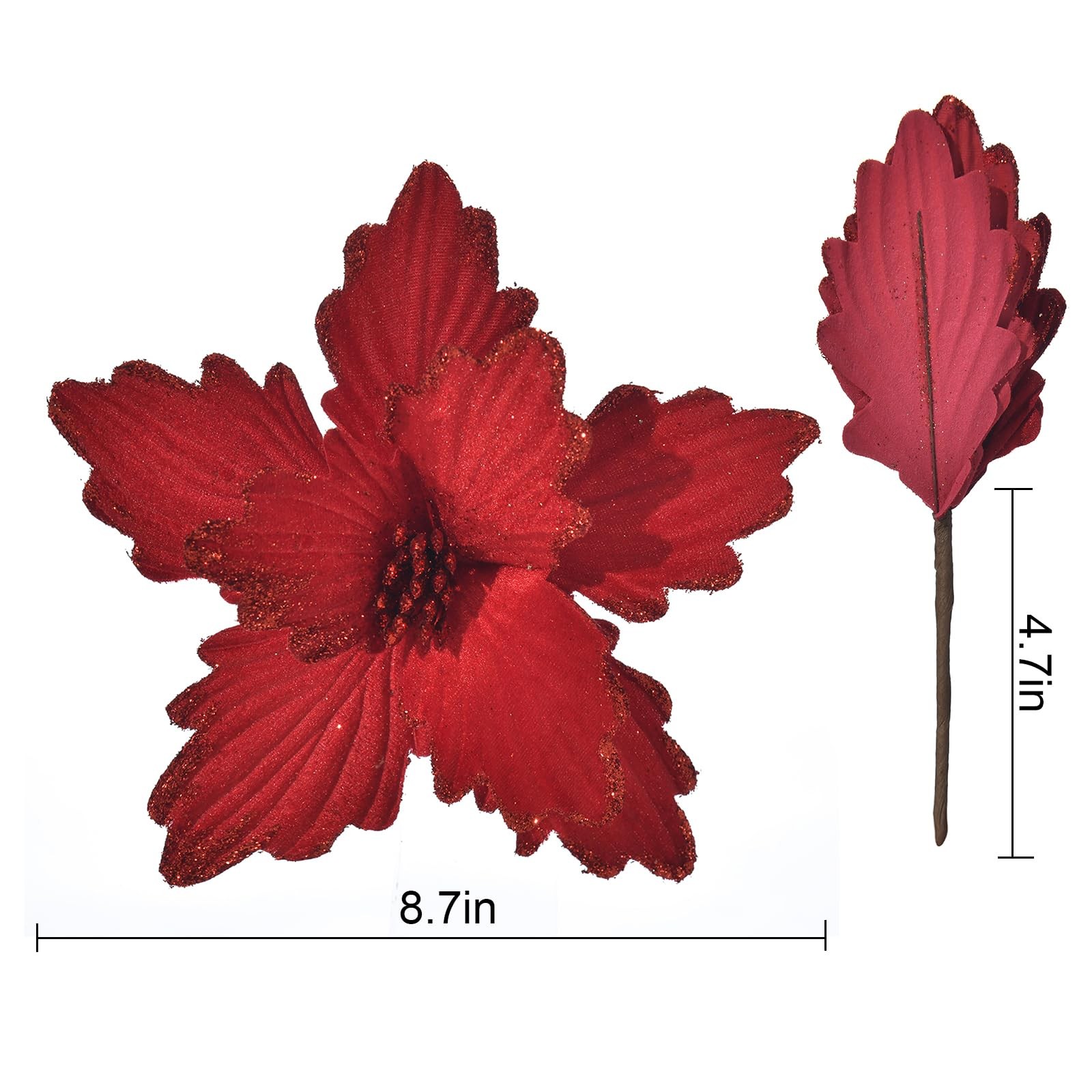 Dark Red Glitter Poinsettias Large Artificial Christmas Tree Decor 10 PCS