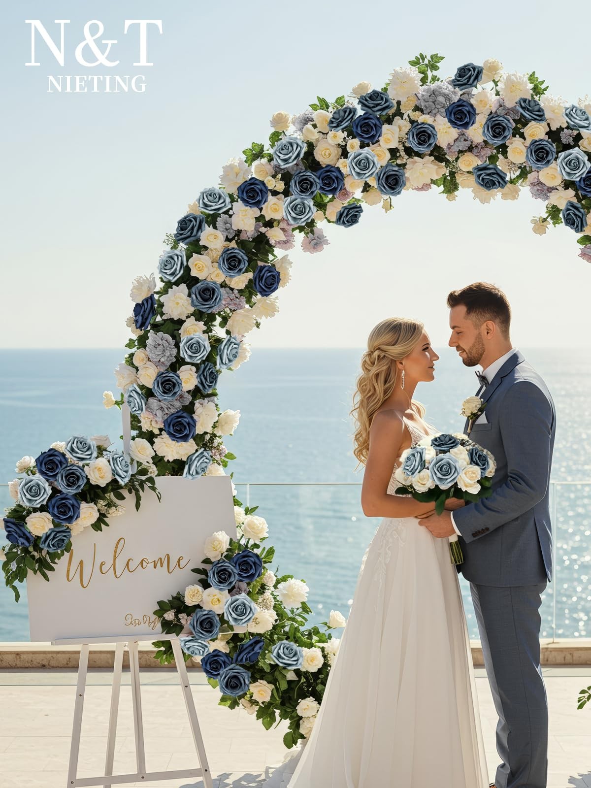 25 PCS Fake Roses Artificial Flowers Dusty Blue Shades Navy Blue Decoration