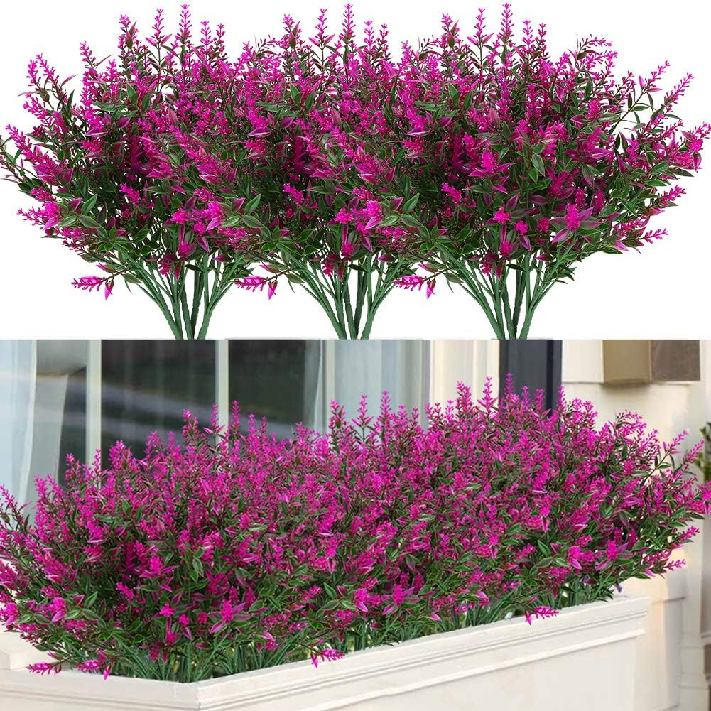 8 Bundles Outdoor Artificial Lavender Fake Flowers UV Resistant Shrubs, Faux Pla