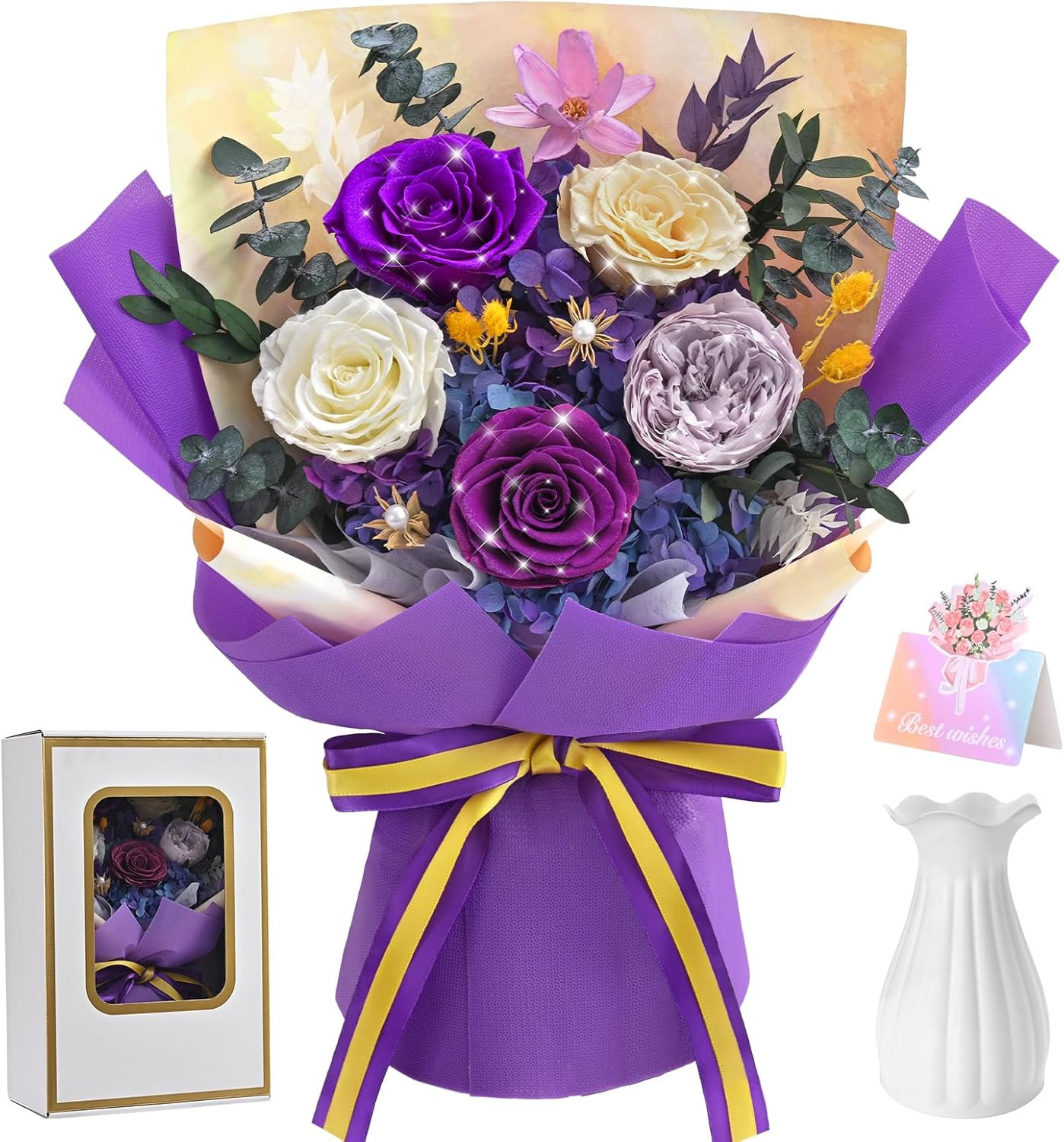 Yastouay 5 Pcs Glitter Purple Preserved Roses Flowers Bouquet, Forever Rose Flow
