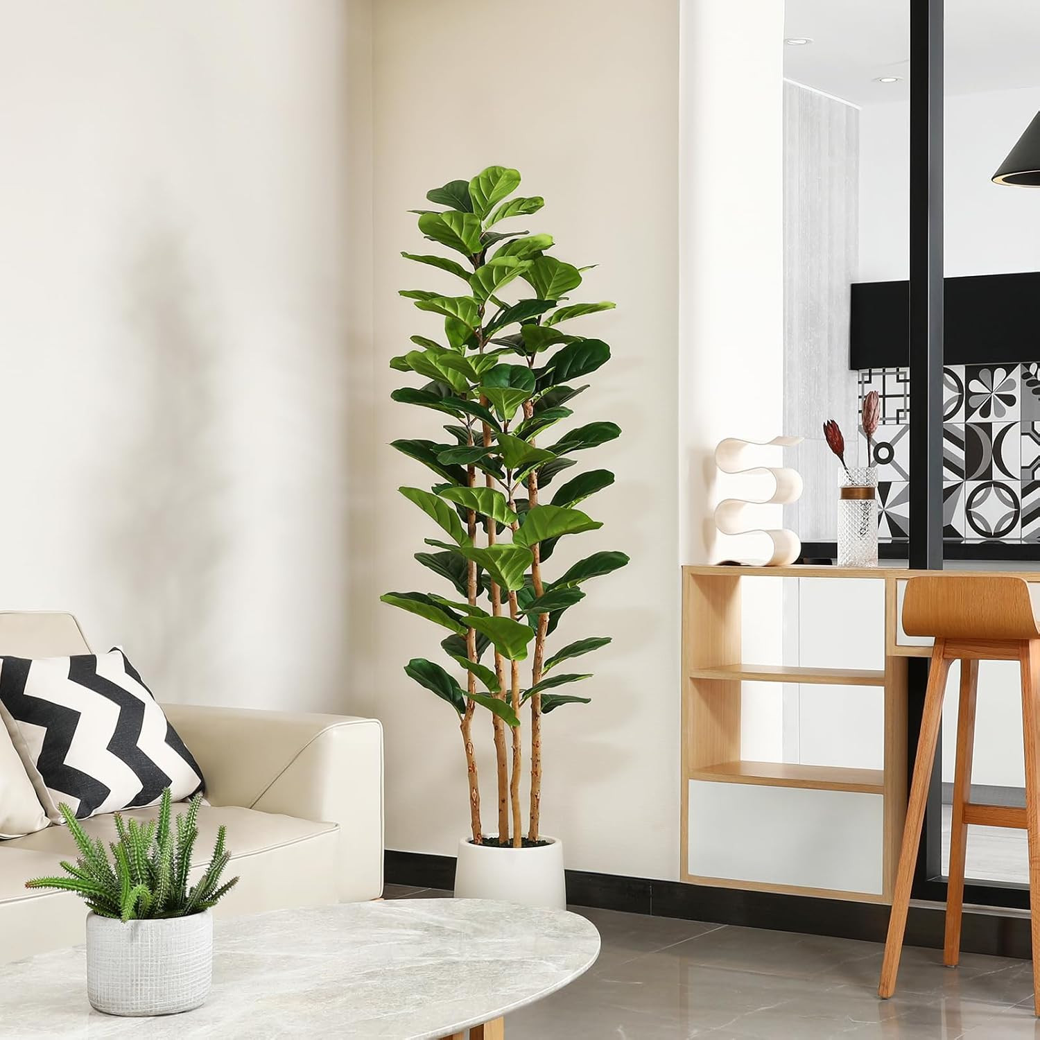Artificial Fiddle Leaf Fig Tree with White Planter, 6Ft Tall Fake Tree with Natu