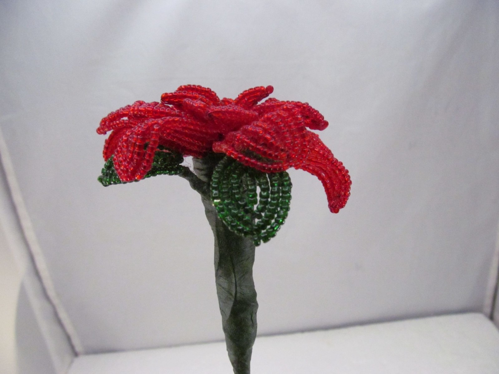 Handcrafted Red & Green French Beaded Flower with Stem Home Decor Gift 11 inch