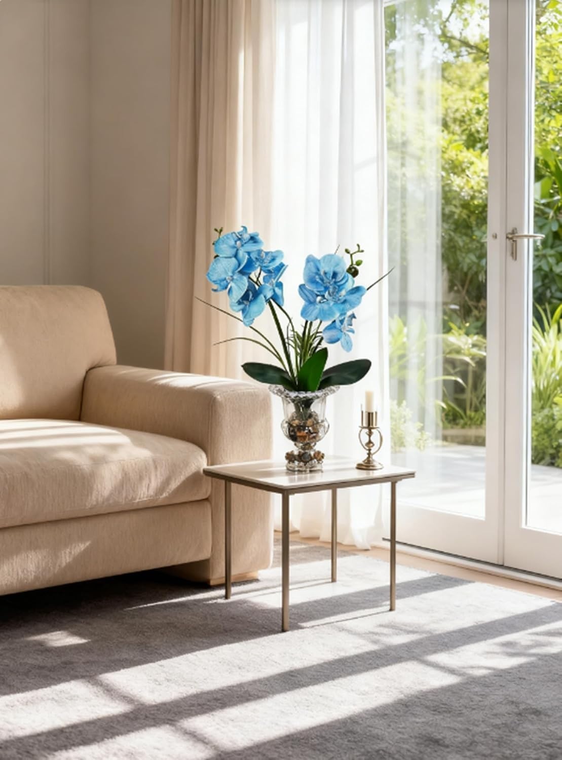 Elegant Artificial Blue Orchid in Weighted Glass Vase – 14.5 Inch Centerpiece