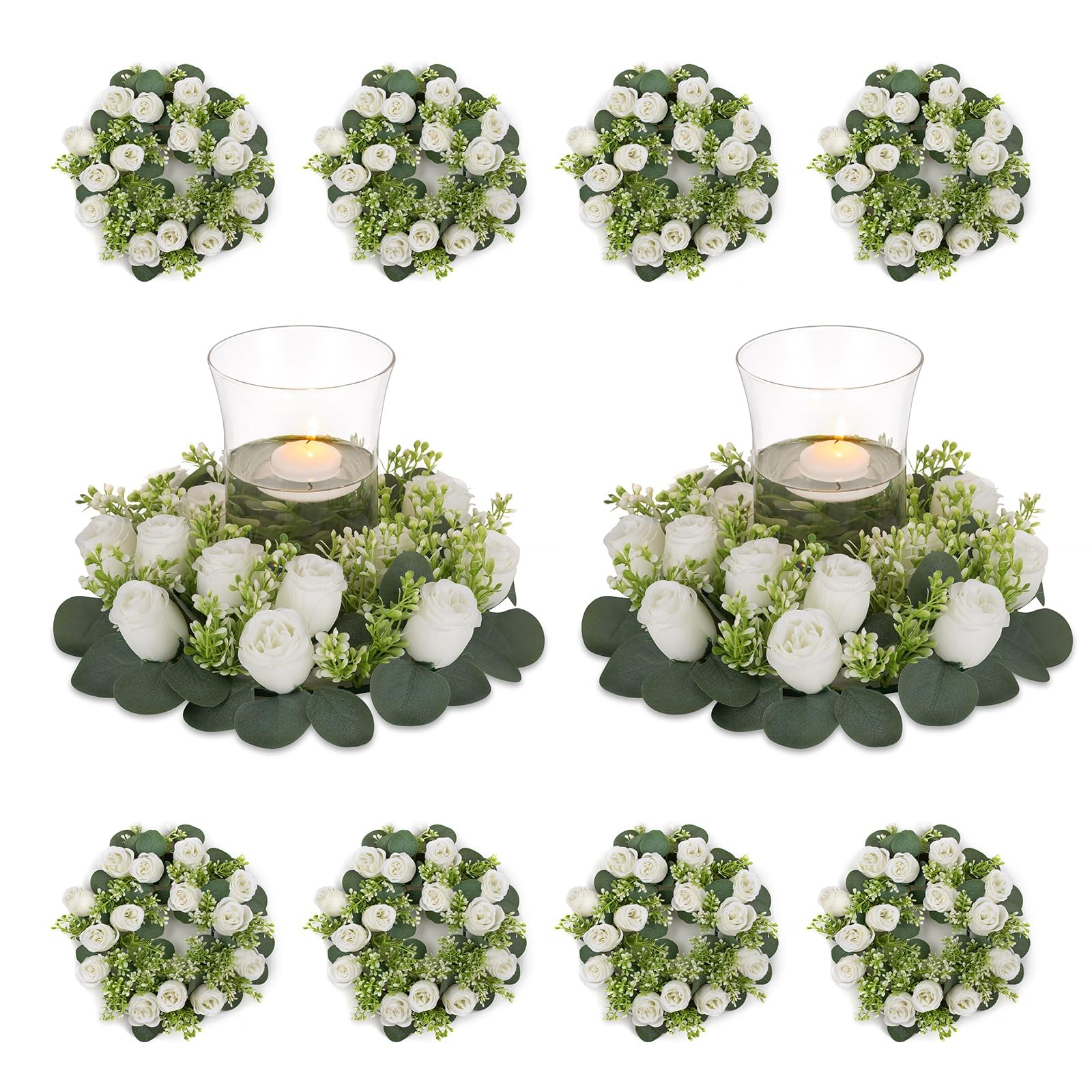 Large White Artificial Rose Candle Rings – 10Pcs Wedding Centerpiece Decor