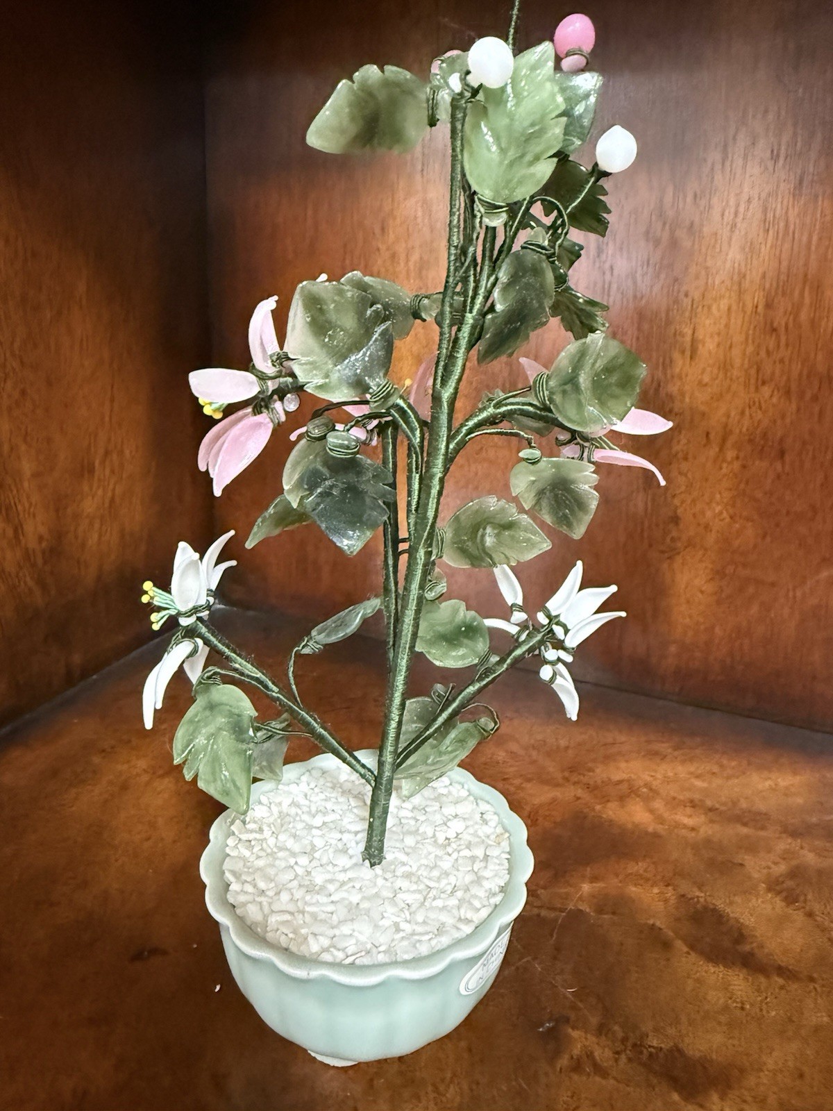 Vintage Adjustable Floral Arrangement Plastic Flowers Jade Style Leaves Porc Pla