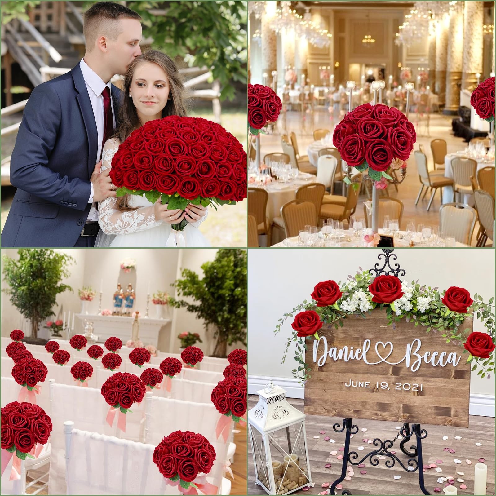 Artificial Red Roses Real Touch Velvet Bulk 50 Pcs Wedding Bridal Bouquet Decor
