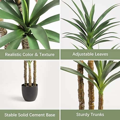 Artificial Tree 5.3Ft Faux Agave Plant with 3 Heads in Plastic Pot 4ft 10in