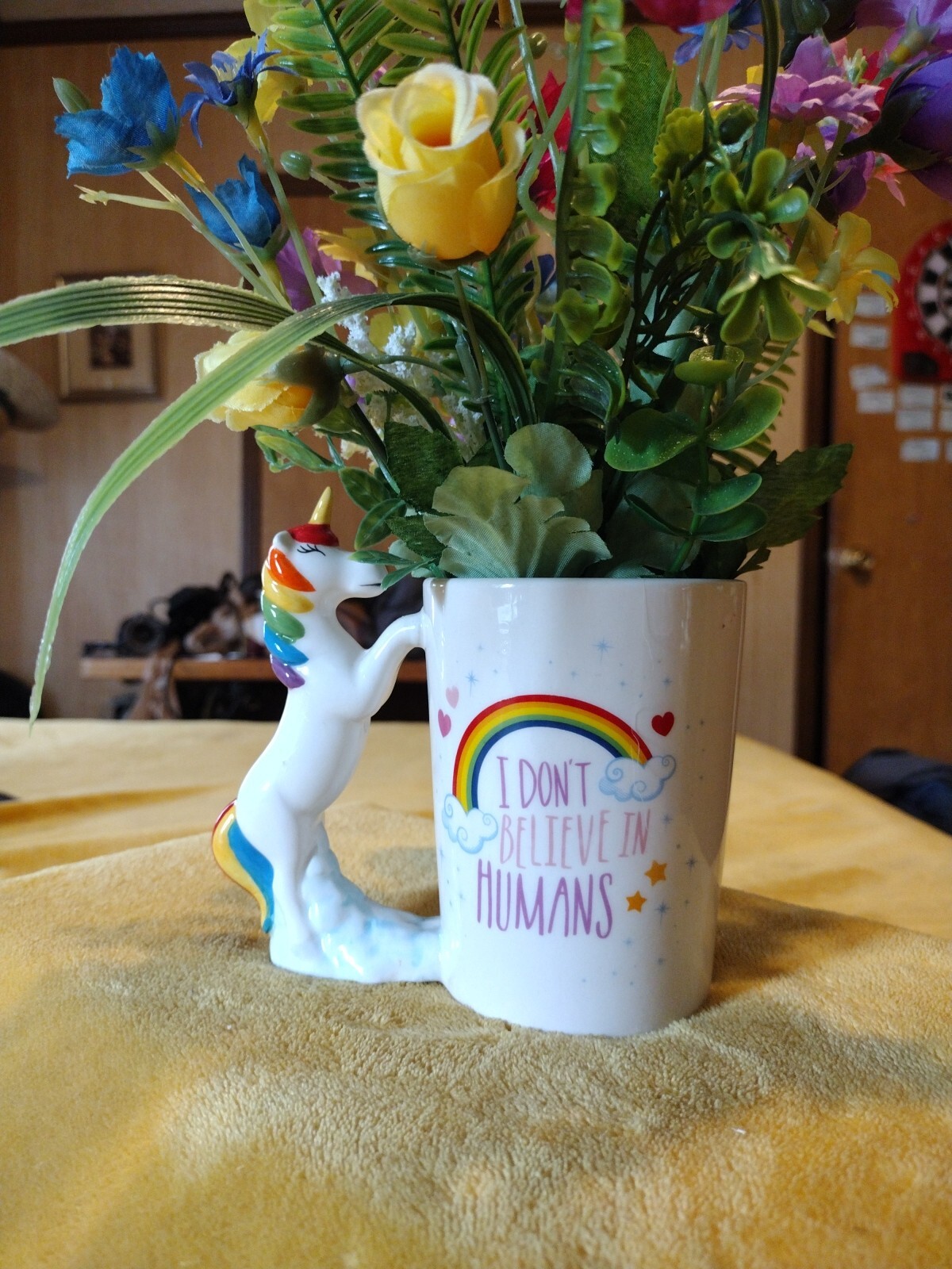 “I Don’t Believe In Humans” Rainbow Unicorn Mug Artificial Flower Arrangement