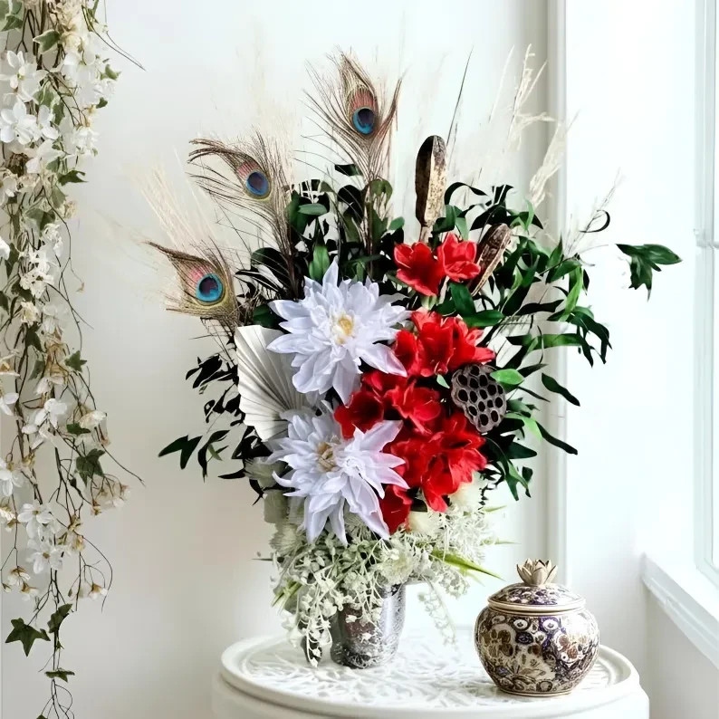 Earthy Red & White Floral Arrangement: Peacock Home Decor, Table Centerpiece