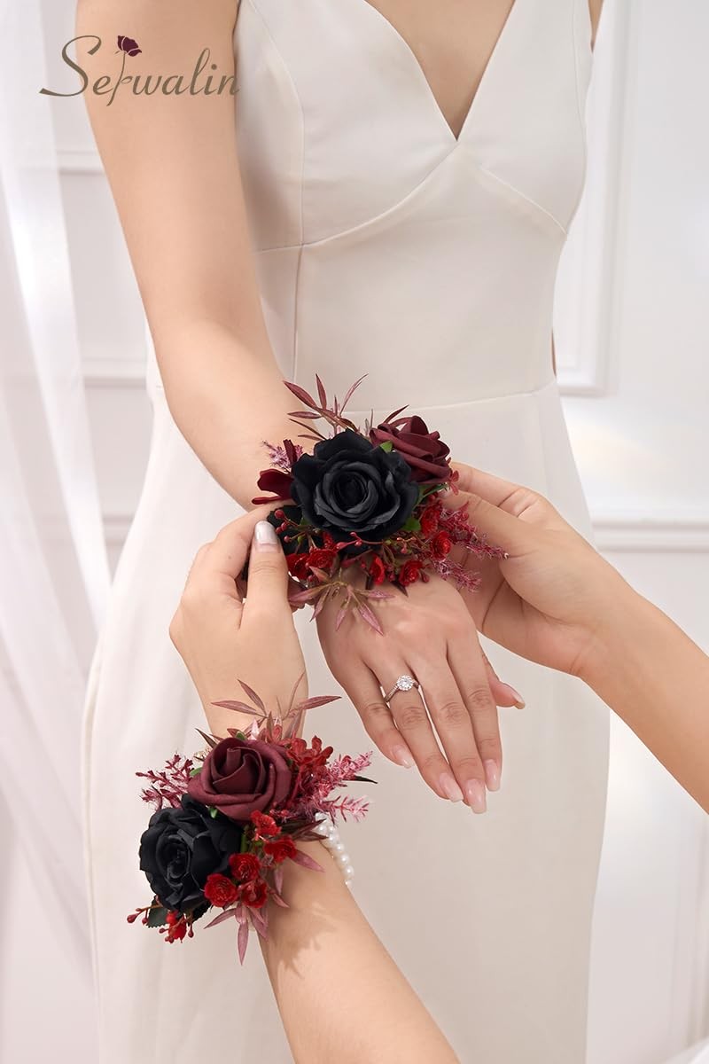 Set of 2 Black Burgundy Wrist Corsage for Wedding 6-7″ Bridesmaid Flowers