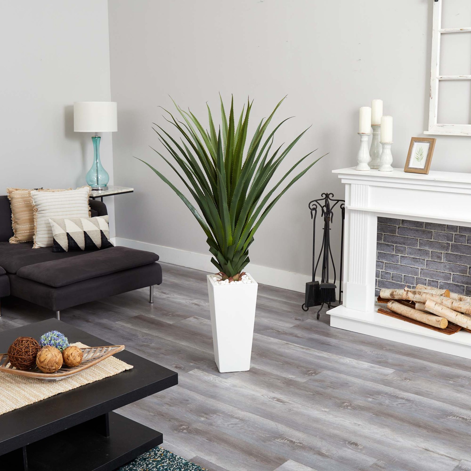 Nearly Natural 5ft Spiky Agave Artificial Plant in White Tower Planter in Green