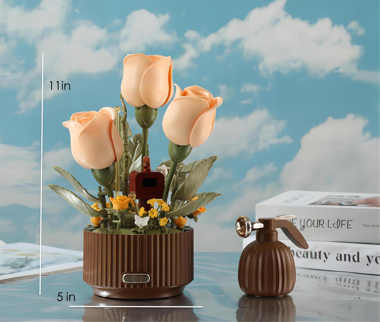 Electric Flower Bouquet Building Set with Remote Control Spray-Bottle, 255 Pcs,O