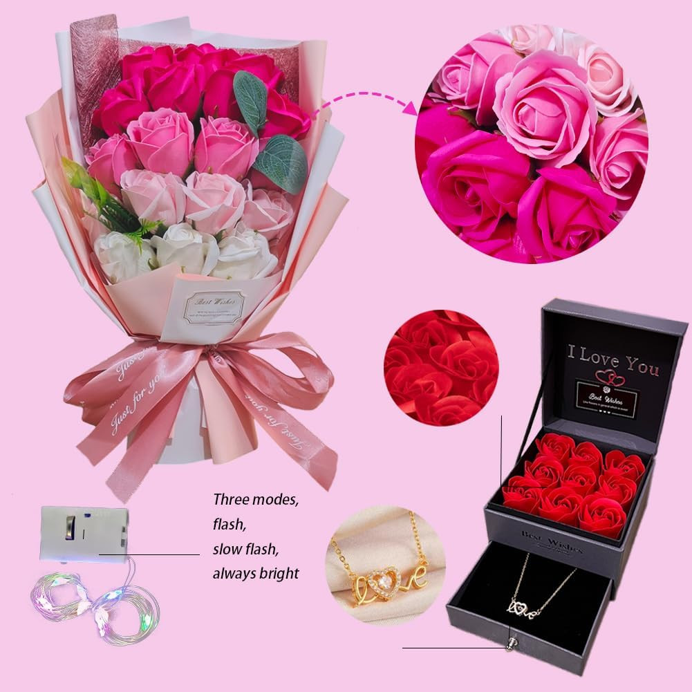 Roses Bouquet Artificial Flower – Preserved Red Flowers with Love Necklace for H