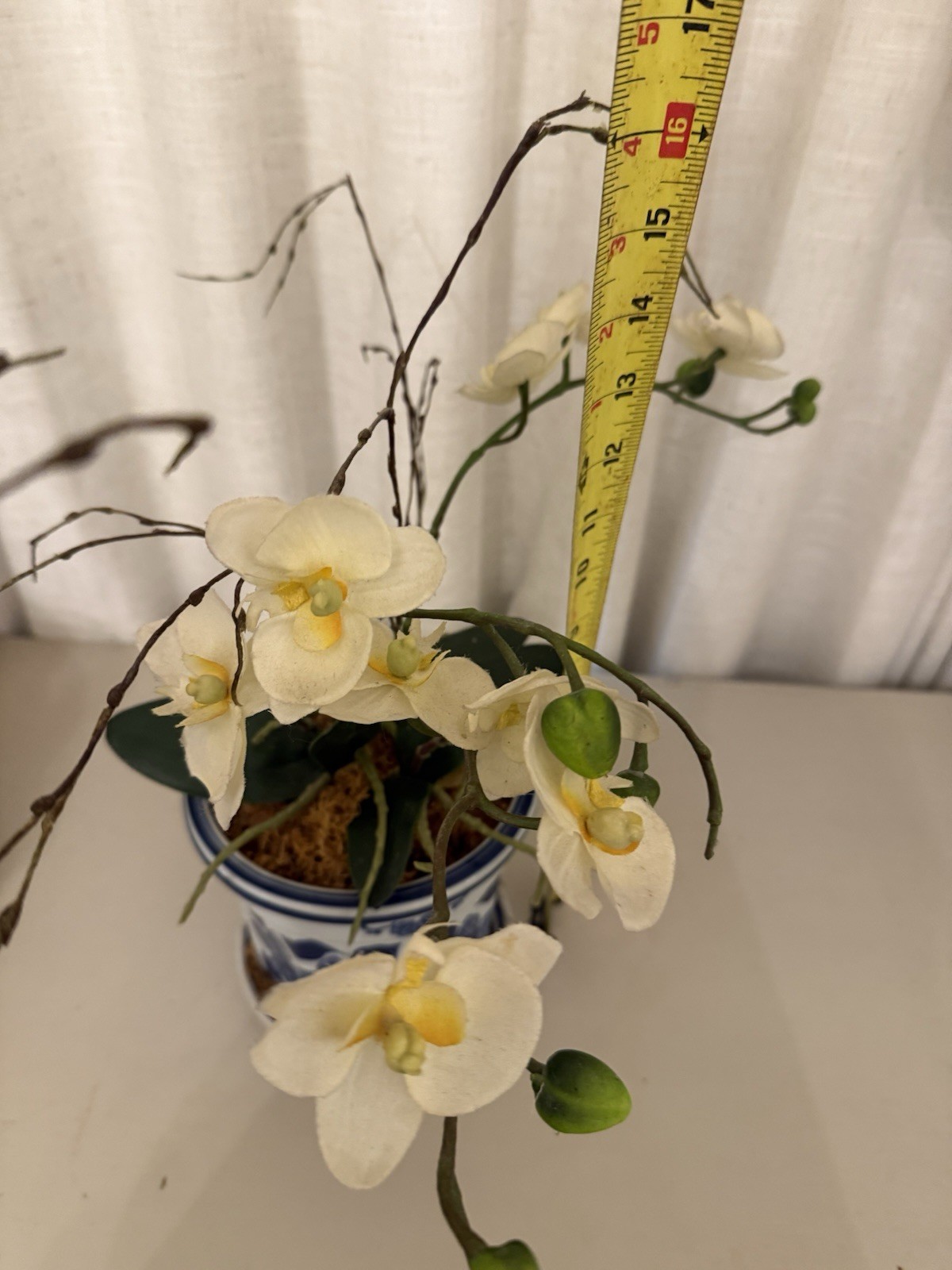 16″ Faux White Orchid Artificial Floral Arrangement Blue White Chinoiserie Pot