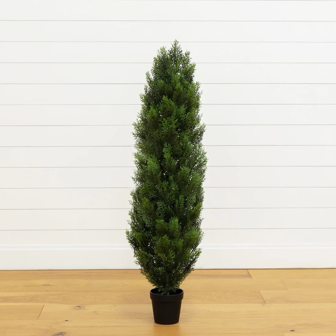 4’ UV Artificial Cedar Topiary Tree in Black Pot Planter, Green Indoor/Outdoor
