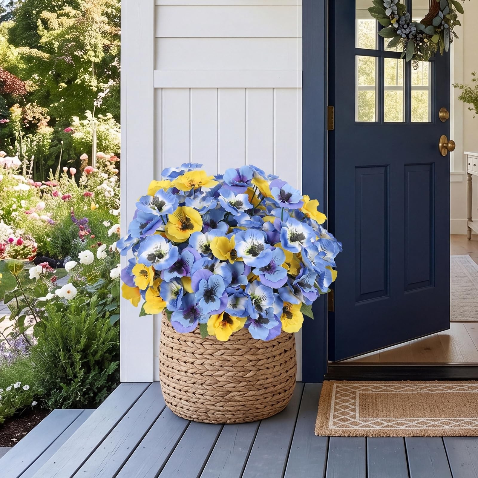 Famtores 6 Bundles Faux Pansies Outdoor UV Resistant, Blue and Yellow Artific…