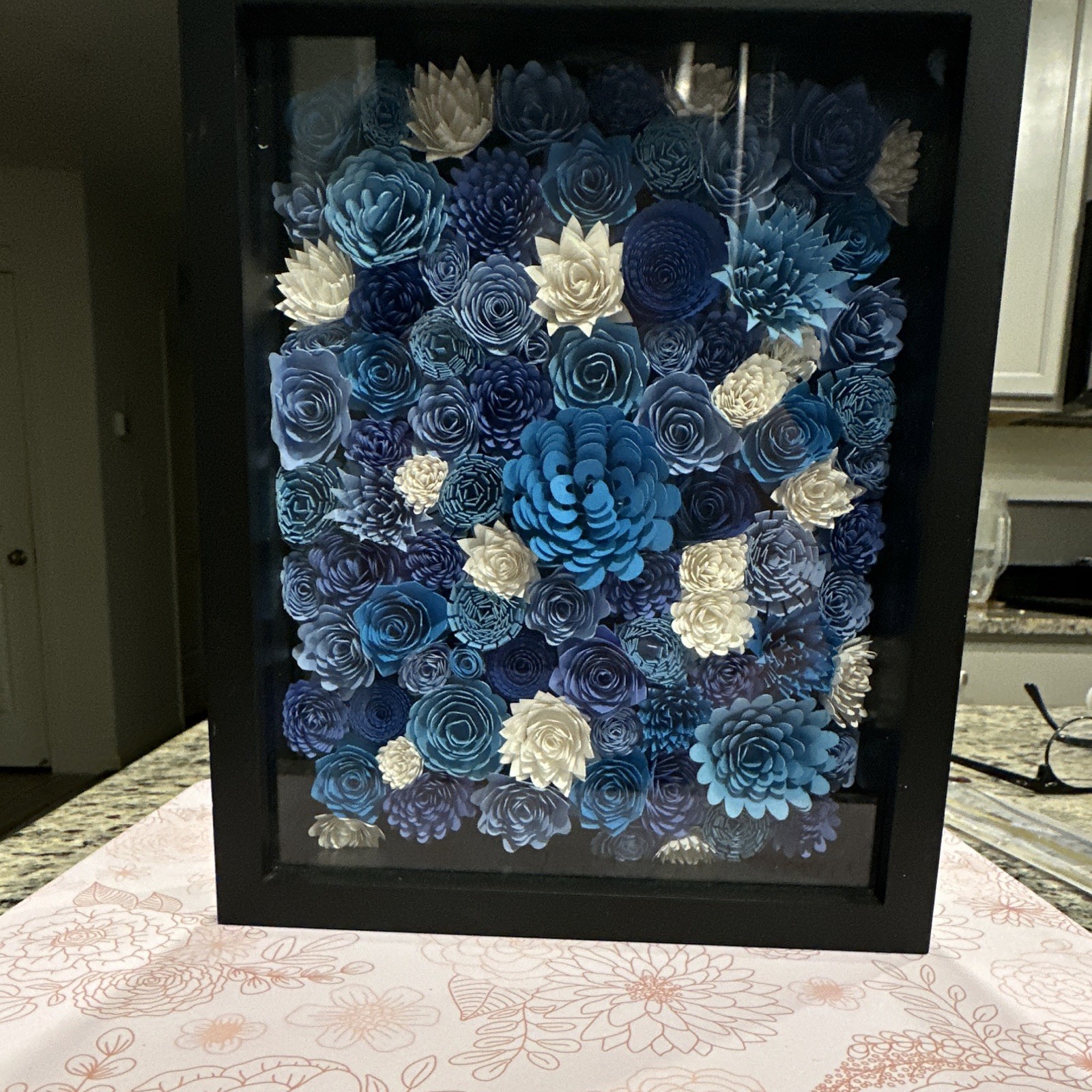 Blue White Artificial Flower Box Wall Decor Paper Wood Glass Floral Theme