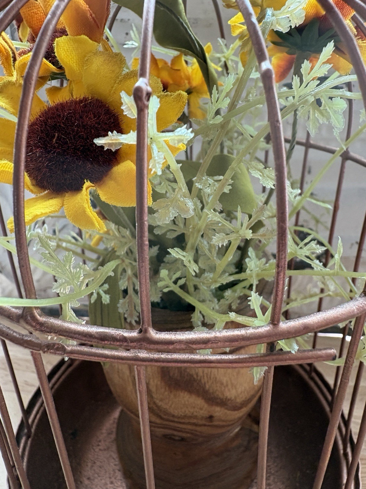 Decorative metal bird cage with wooden pedestal and faux florals #B5