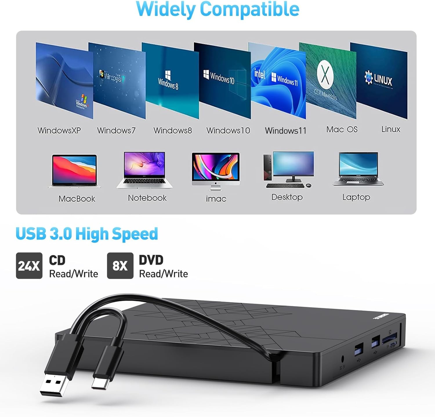 External DVD Drive, CD Drive USB 3.0 Typle C CD/DVD ROM +/-RW Adapt…