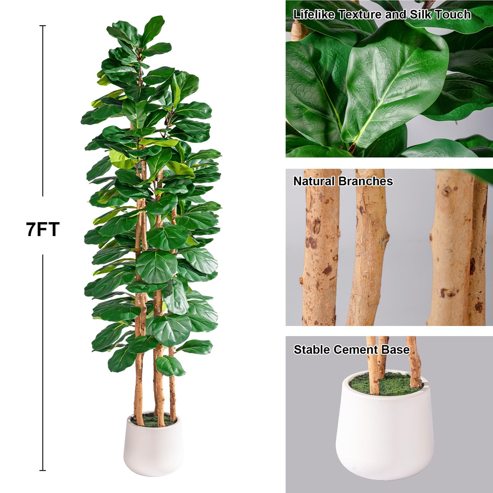Artificial Fiddle Leaf Fig Tree 7FT, Faux Fig Tree Indoor with Natural Wood T…