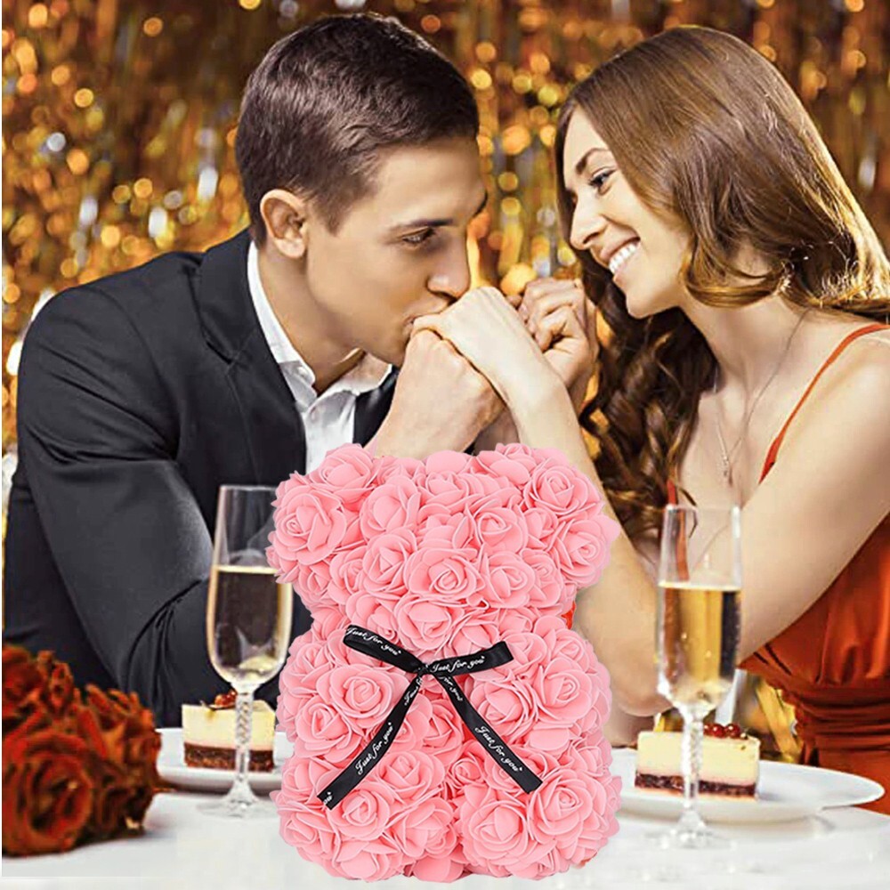 2023 Light Pink Rose Flower Teddy Bear with Gift Box -25cm Valentines & Birthday