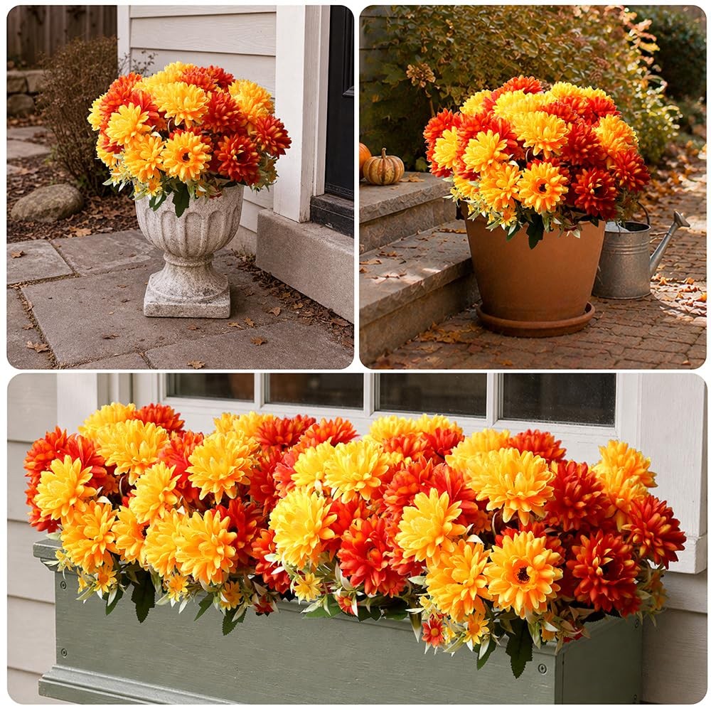 Artificial Fall Flowers for Outdoors Faux Mums Burnt Orange Yellow Marigold O…