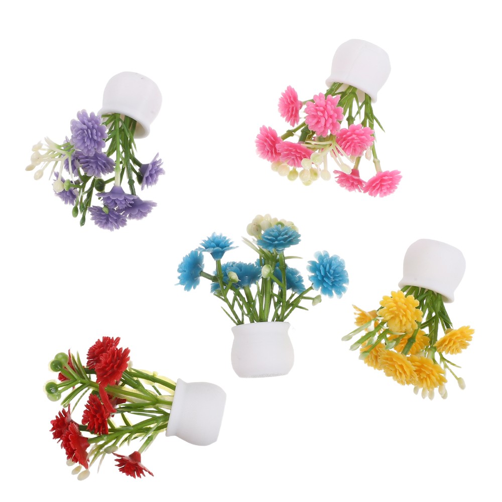 5pcs Mini Flower Pot Set with Artificial Flowers for Dollhouse and Fairy Garden