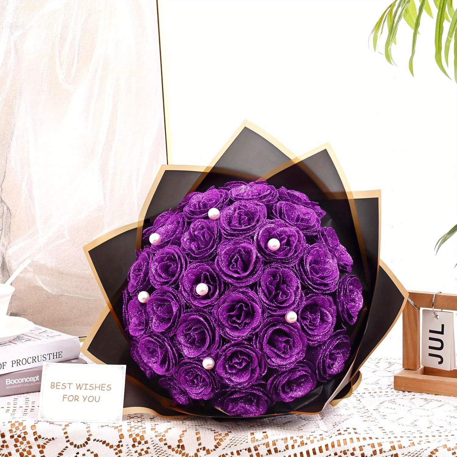 24 Pcs Glitter Rose Bouquet Shiny Artificial DIY Everlasting Birthday Wedding