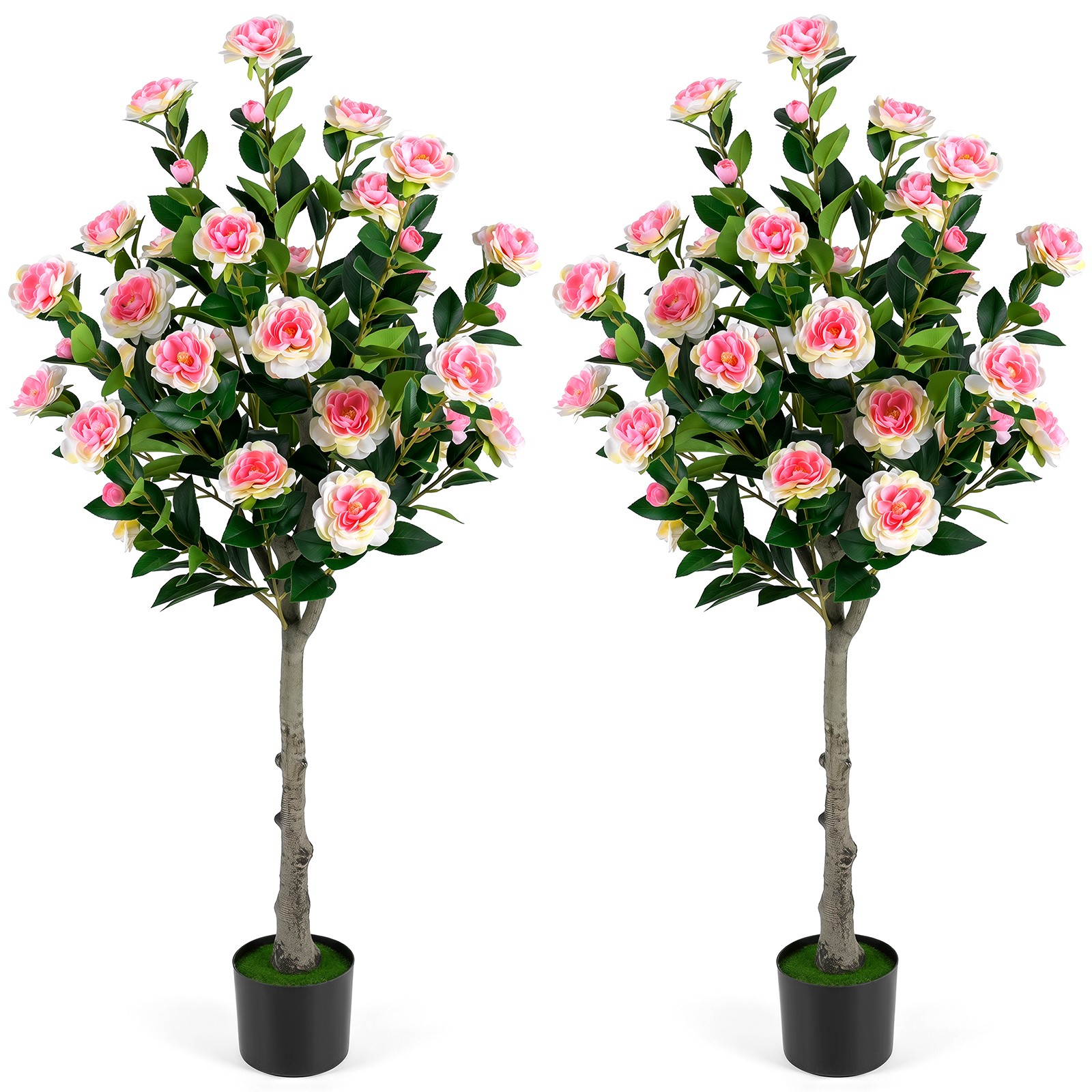 2PCS 50.5” Artificial Camellia Tree w/27 Camellia Blossoms in Cement-Filled Pot