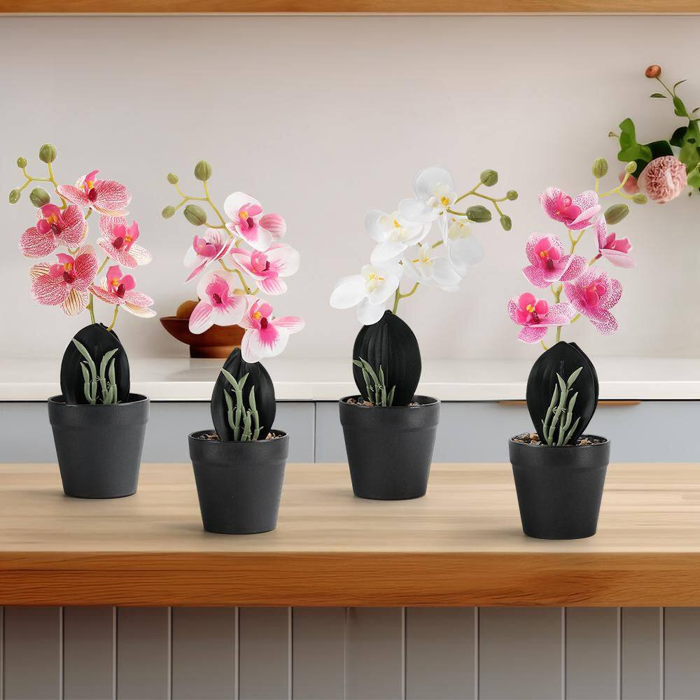 11 In. 4-Pieces Multi-Color Indoor Artificial Phalaenopsis Flower in Black Pot