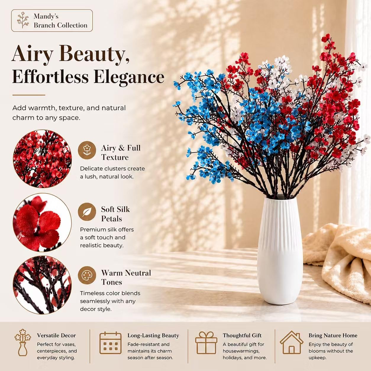 6 Bundles Patriotic Red White Blue Silk Baby’s Breath, 18.5″ Artificial Flowe…