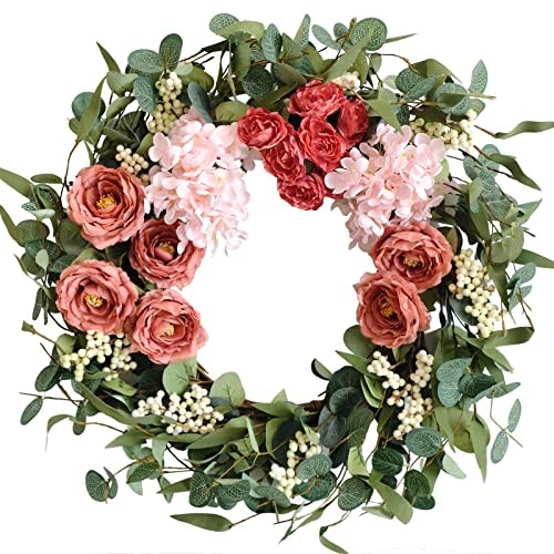 20 inches Artificial Pink Peony Wreath for Front Door Wreath with Hydrangea