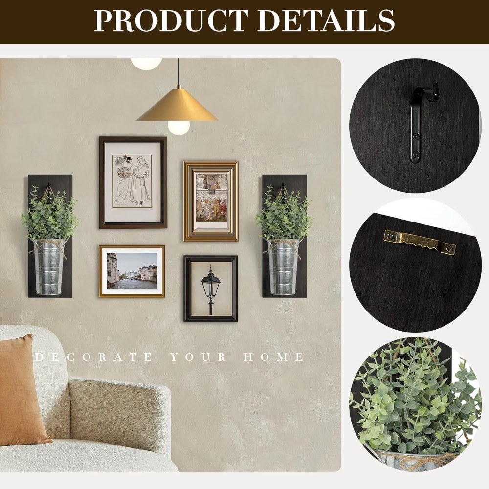 Set of 2 Wood Hanging Planters with Artificial Eucalyptus, Wall Decor
