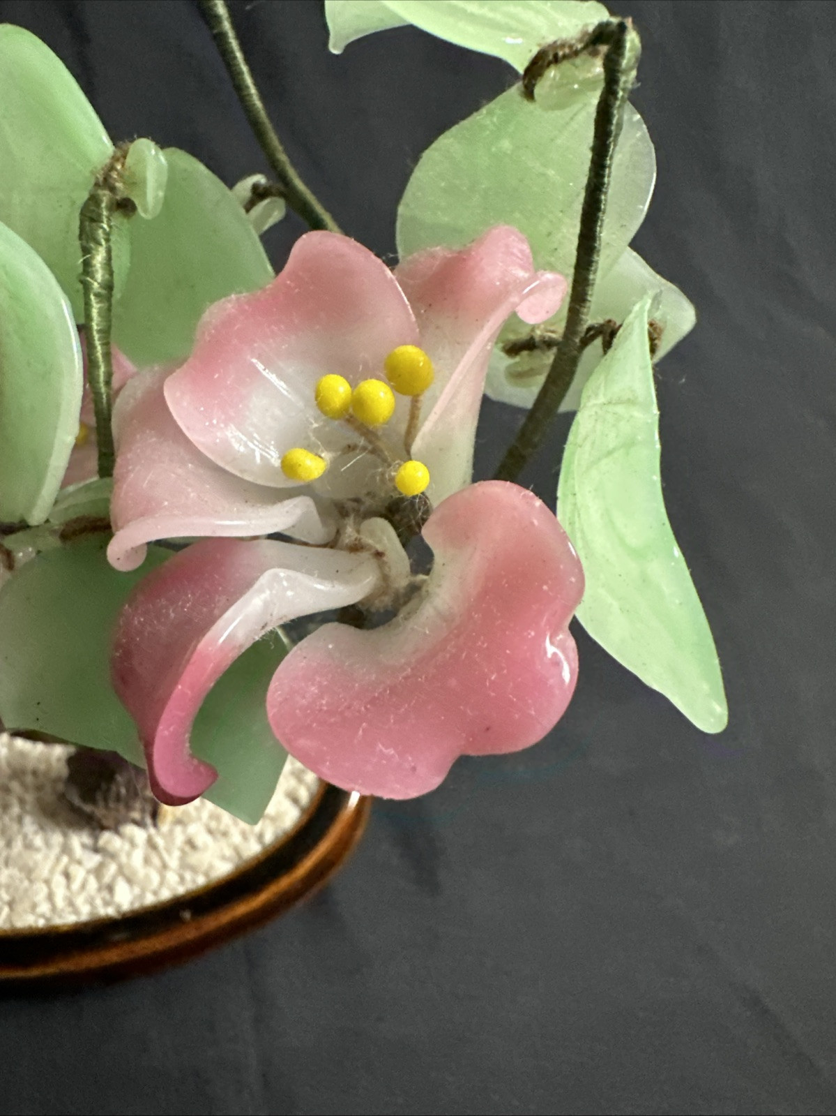 Vintage Chinese Jade Glass Bonsai Handcrafted Flower Tree 8”
