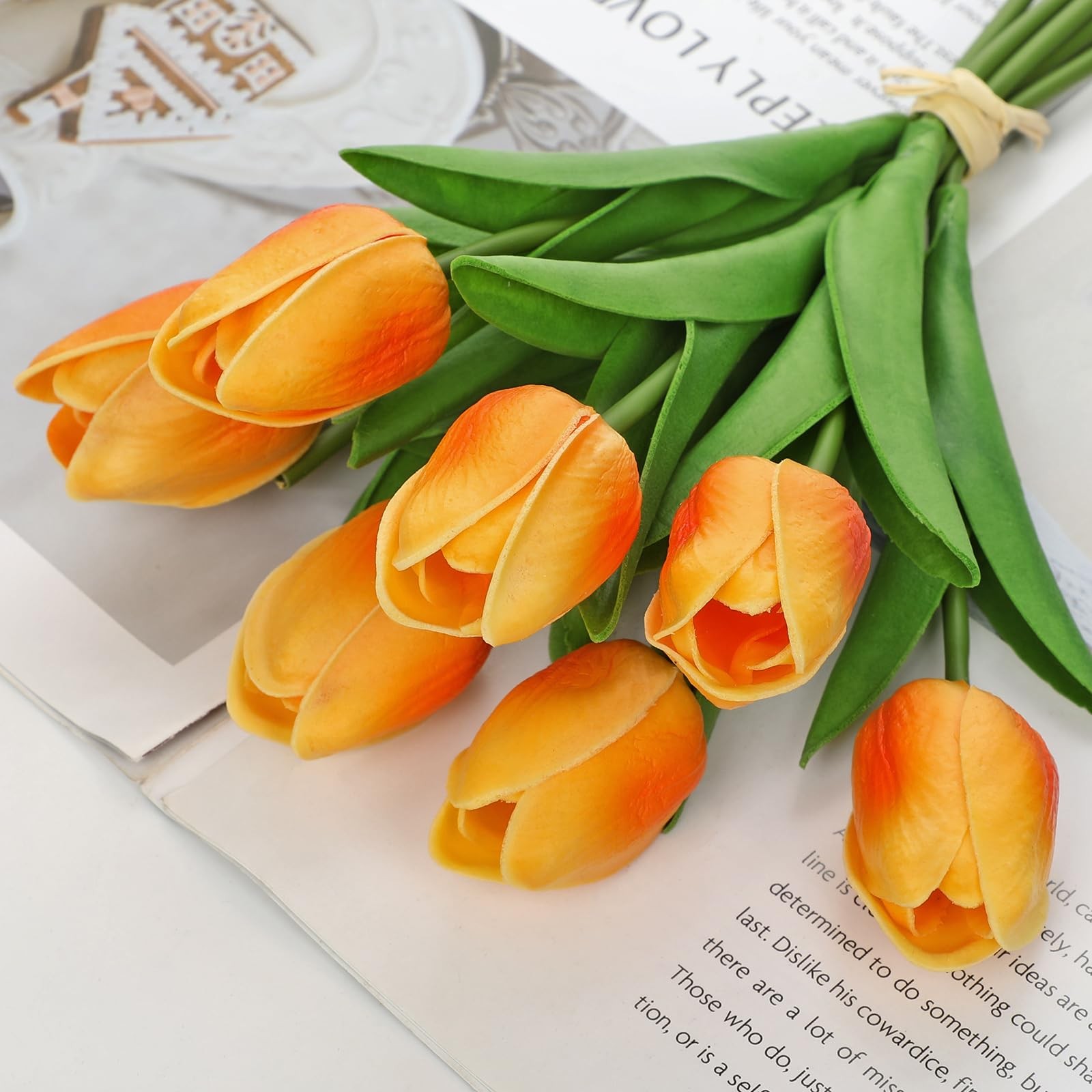 10.6in Artificial Orange Tulips with Ceramic Vase, Real Touch Faux Tulips Flo…
