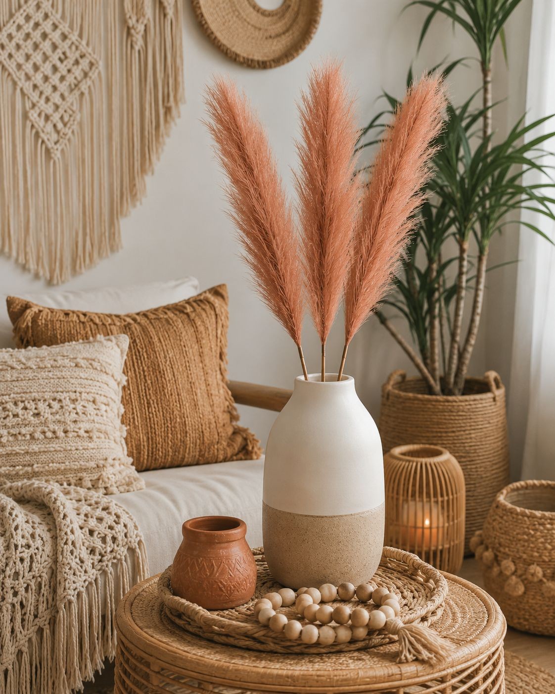 Faux Pampas Grass Bundle | 3 Chestnut Brown Pampas Stems | 26 Inch Tall Artifici