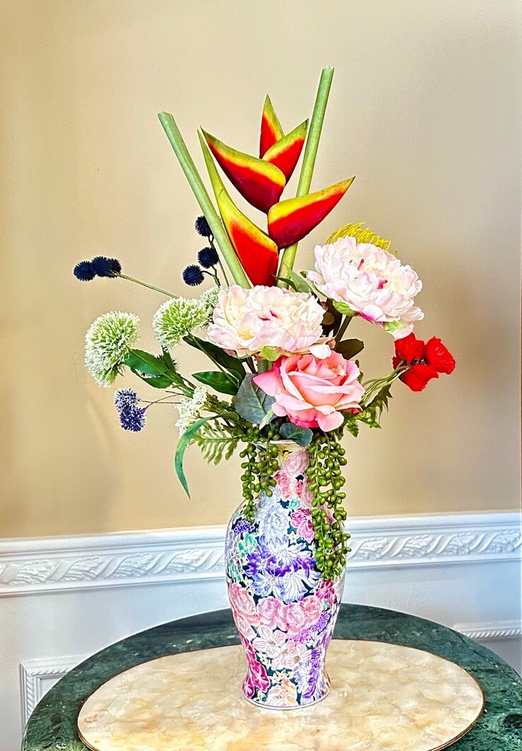 Floral Arrangement Centerpiece Multi-Colored Silk Flowers In Enamel Floral Vase
