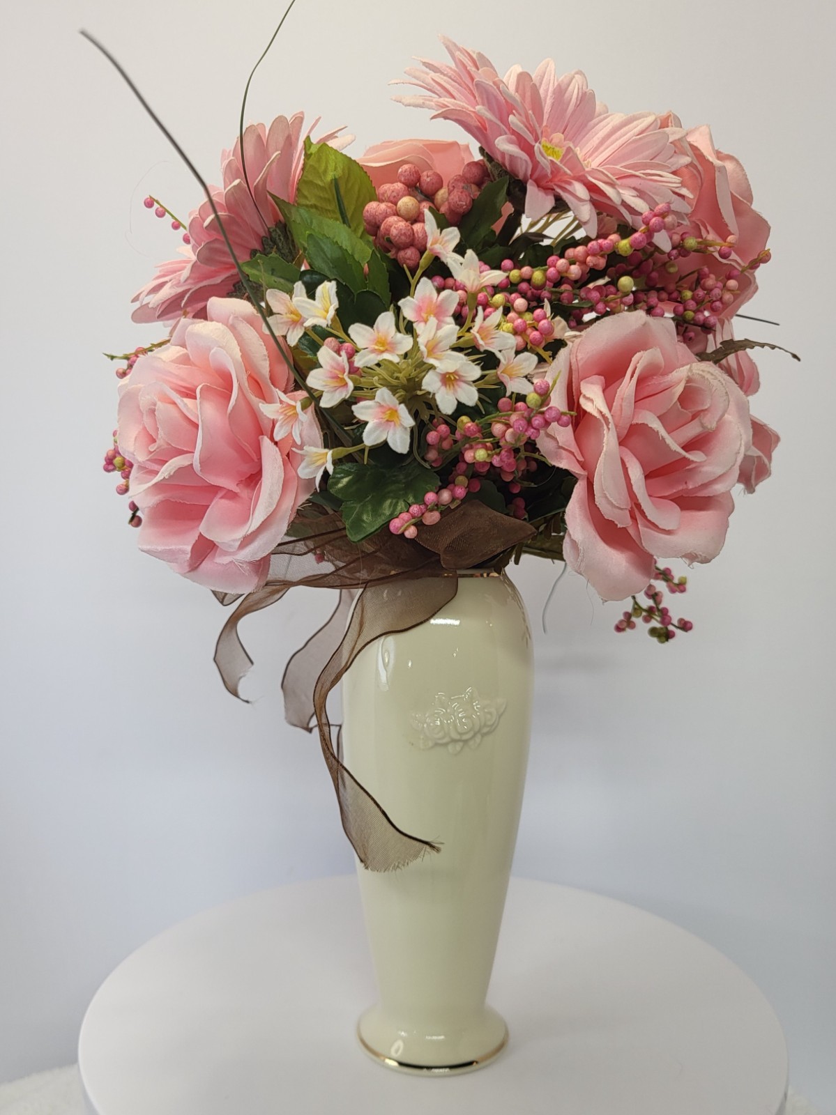 Artificial Pink Bouquet with Gerbera Daisies Roses Filler Berries Wrapped Stem