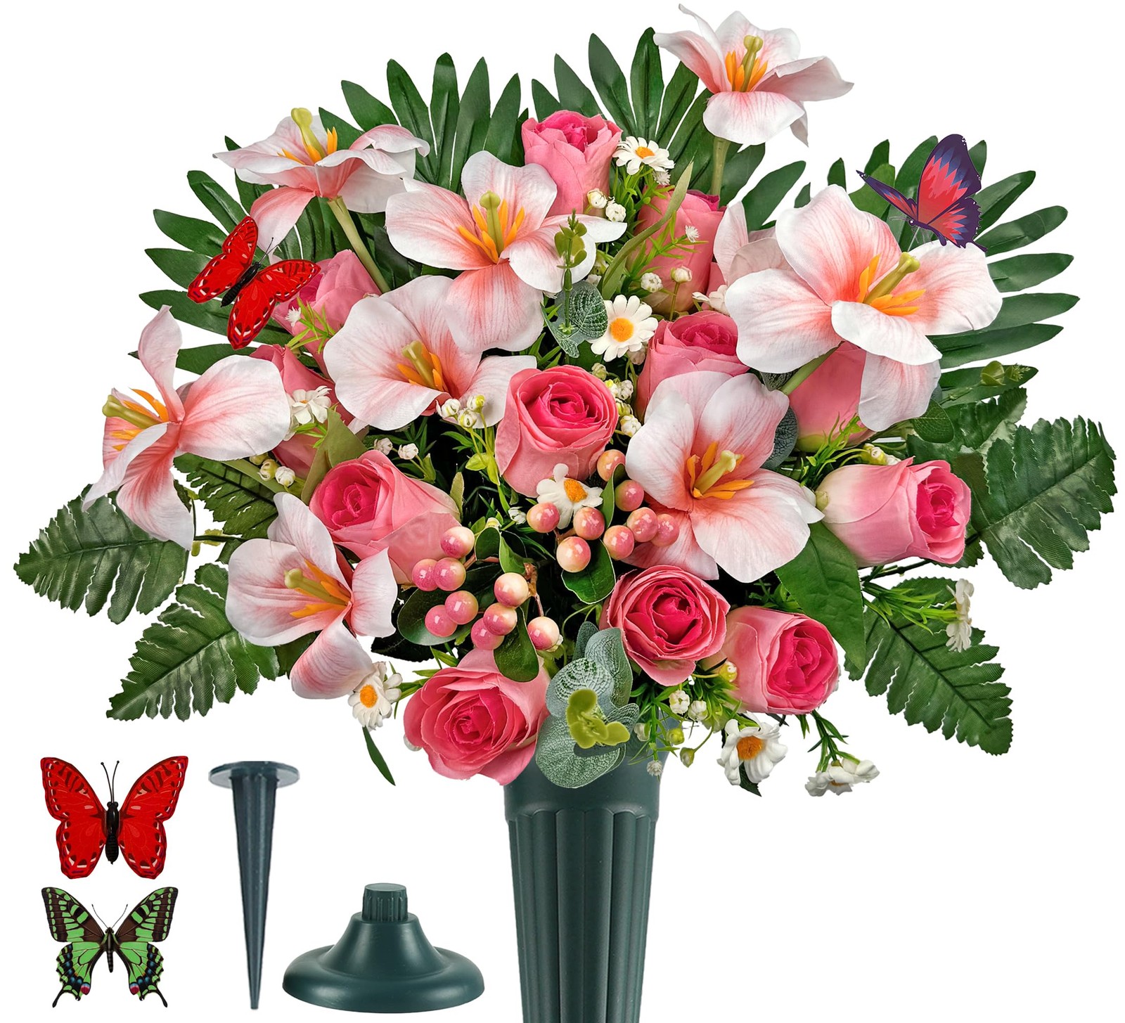 Grave Flowers Memorial Day Spring Pink Bouquet With Vase Headstone 1 PCS