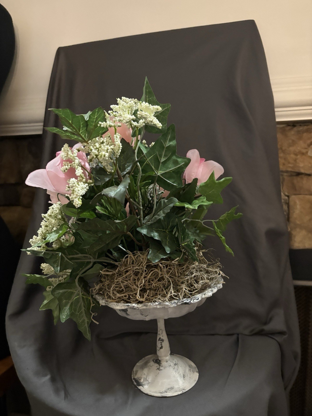 New Handmade 14 X 12” Floral Arrangement On Metal Stand With Pink Roses SKU L16