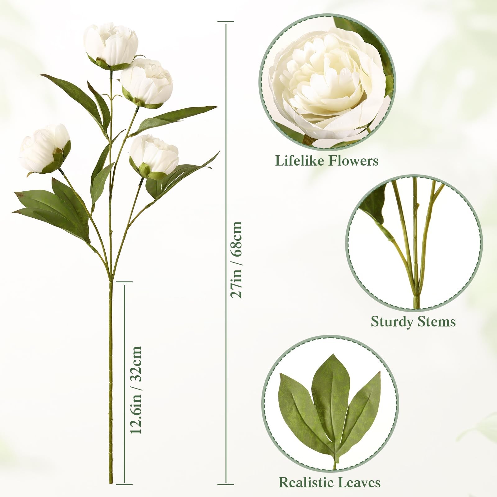 3Pcs Faux Peonies Artificial Flowers 27″ White Peonies Faux Flowers for Vase …
