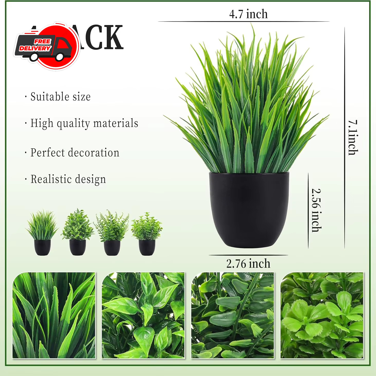 4 Pack Fake Plants Artificial Small Faux Bathroom Home Kitchen Office Desk Decor