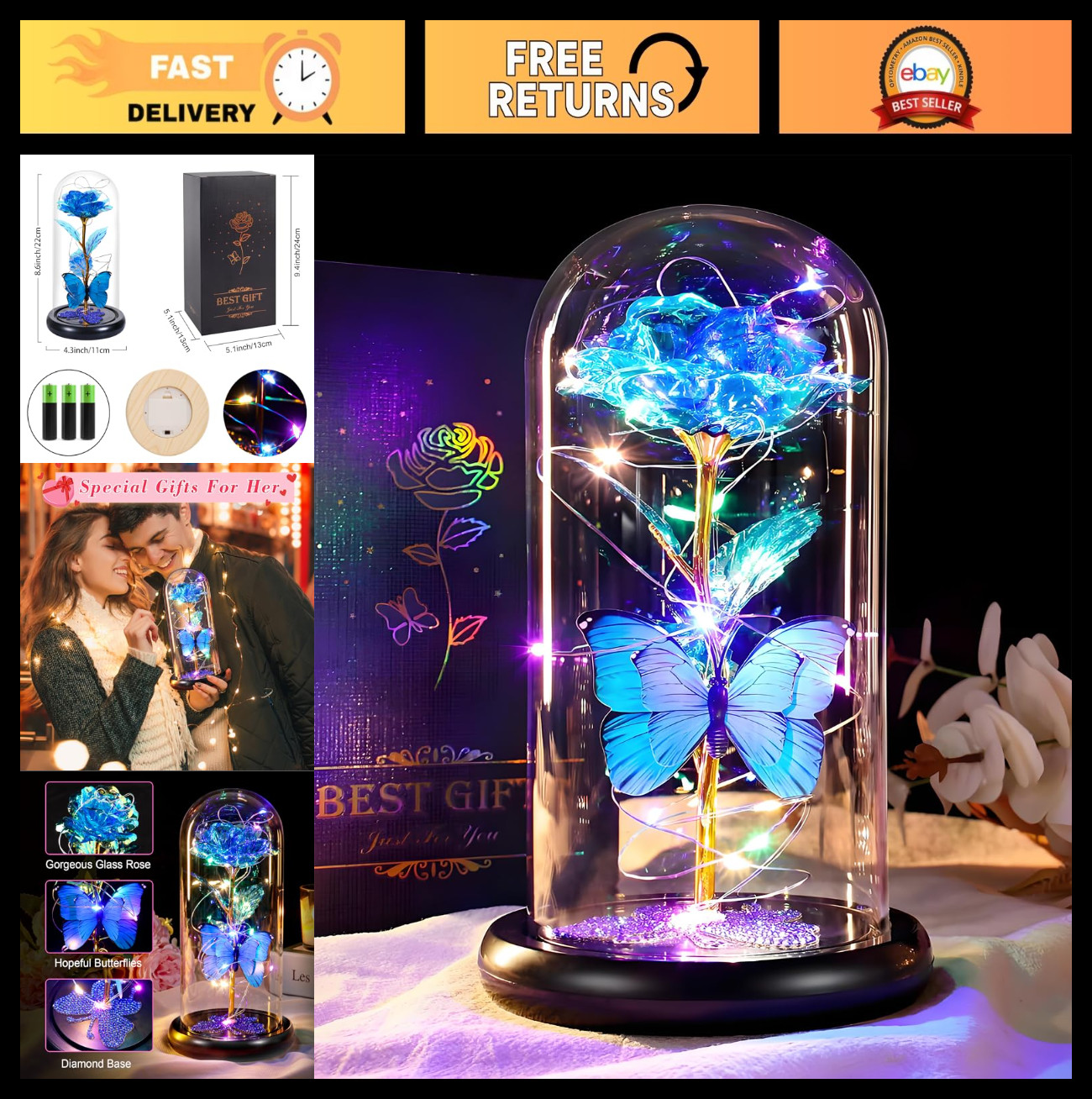 Eternal Blue Rose in Glass Dome with Butterfly – Valentine’s Day Gifts for Her,