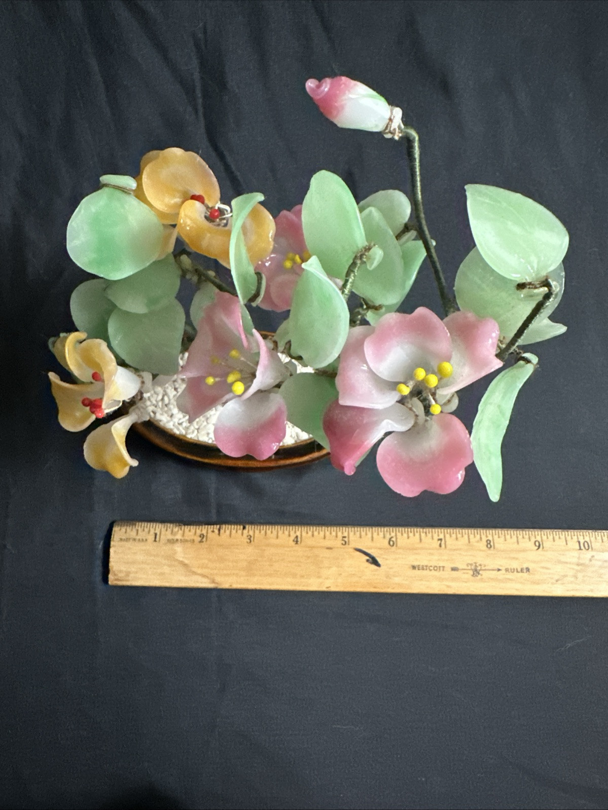 Vintage Chinese Jade Glass Bonsai Handcrafted Flower Tree 8”