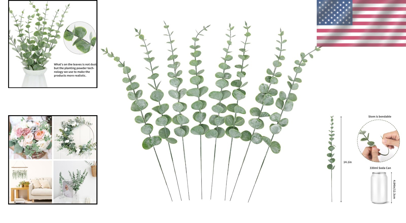 Natural-Look 14.1 Inch Faux Eucalyptus Stems – 8 pcs for Farmhouse Stylish Decor
