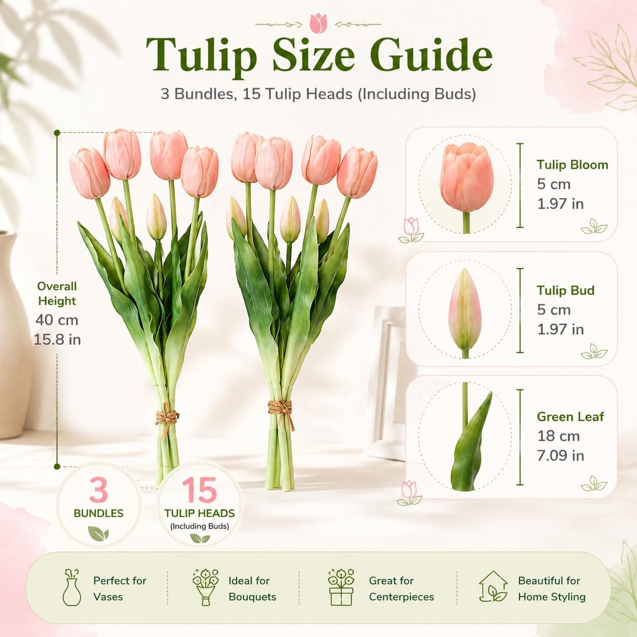 LINSIE 15 Pcs White-Orange-Light Purple Artificial Tulips Fake Flowers, Premi…