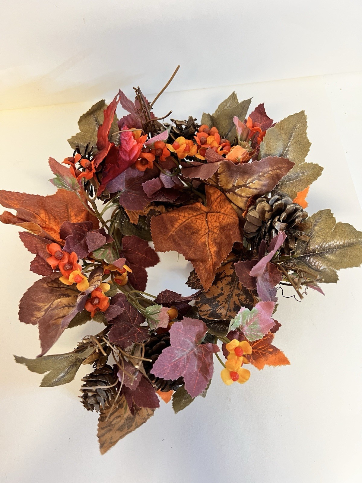 Wood Pumpkin Bowl w/ Fall Leaf Berry Pinecone Wreath Autumn Thanksgiving