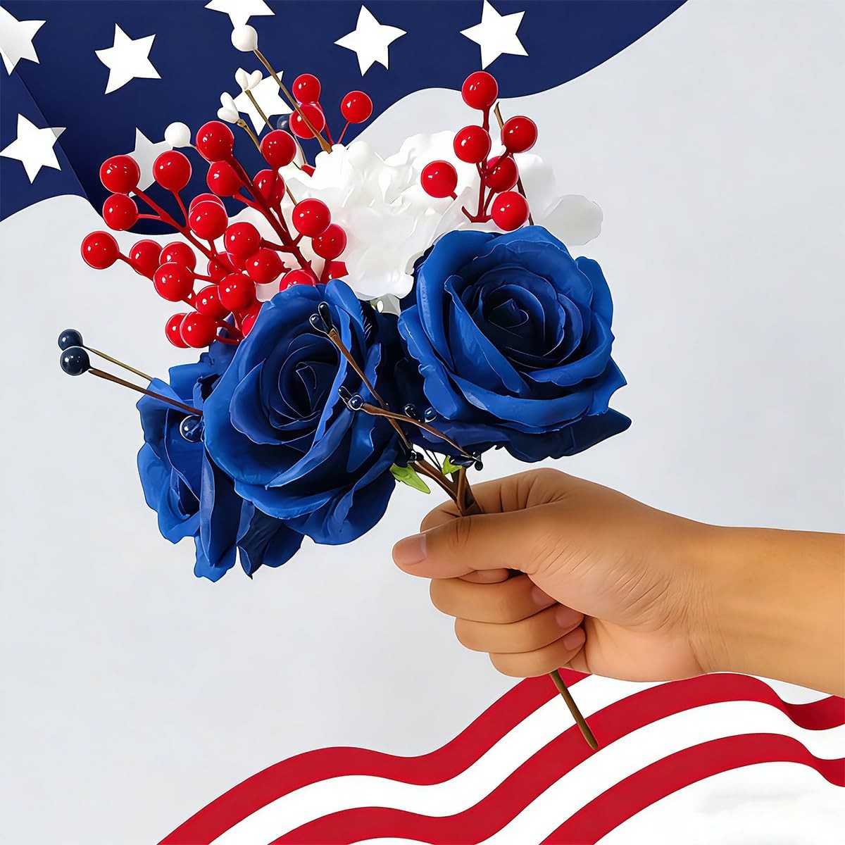 Patriotic Artificial Rose Flowers Berry Stem Picks Red White Blue Silk Floral…