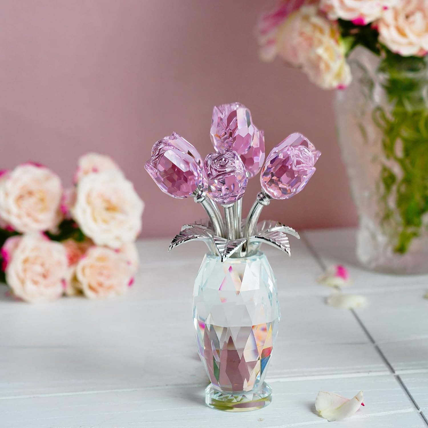 Pink Crystal Rose Bouquet Figurine,Handmade Rose Flower Gifts for Mom Gifts