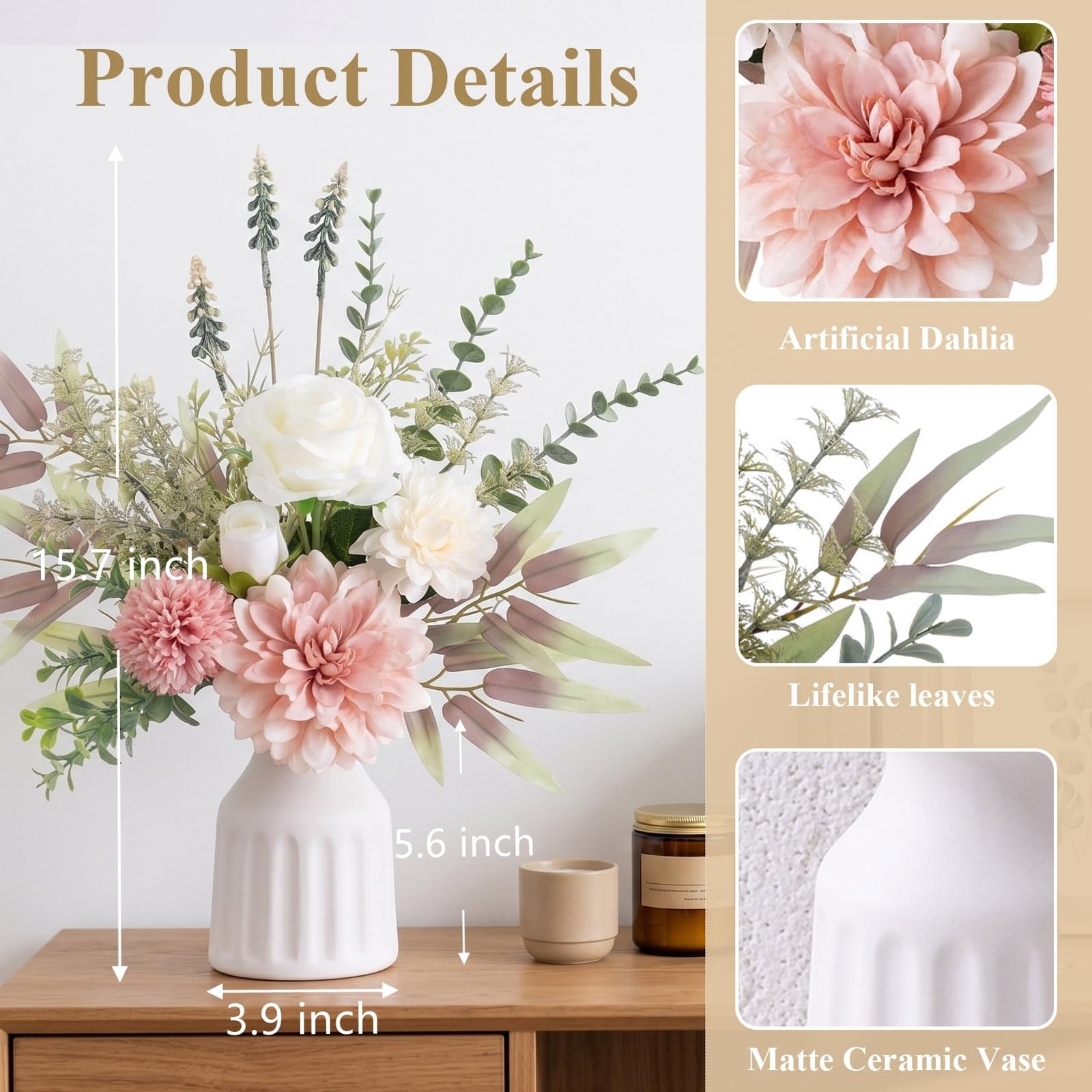 Fake Flowers in Vase, Artificial Flowers with Vase, 15.7” Floral Arrangement…